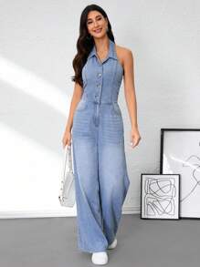 SHEIN Tall Macacão jeans básico feminino, moderno, sem costas, com botões, para volta às aulas, casual e modesto, para negócios, feminino - Azul - Ver 5