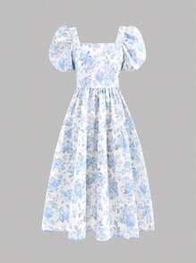 SHEIN Vestido casual de manga corta con cuello cuadrado y estampado floral disperso para niña preadolescente