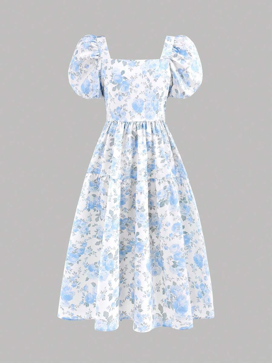 SHEIN Vestido casual de manga corta con cuello cuadrado y estampado floral disperso para niña preadolescente