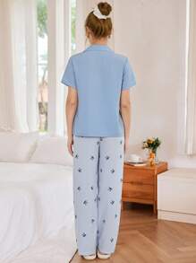 SHEIN 纯色翻领短袖上衣搭配条纹蝴蝶结裤睡衣套装