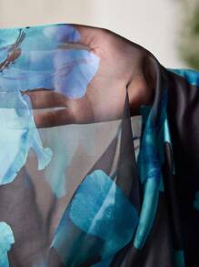 SHEIN Clasi Áo cánh cổ tròn in hoa toàn thân cỡ lớn, thường ngày, viền bất đối xứng - Màu xanh lá cây đậm - Xem 6