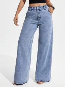 SHEIN PETITE 女式高腰阔腿宽松休闲牛仔裤，带口袋