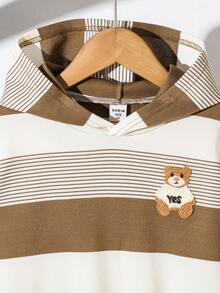 2 件套儿童男童休闲日常百搭柔软条纹熊贴连帽衫和贴袋编织休闲裤套装，适合学校、花园、海滩、生日、春夏秋冬 - 彩色 - 查看 6