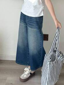 Tween Girls Y2K Streetwear Retro Casual Loose Fit Distressed Washed Denim Wide Leg Non-Stretch Capri Jeans