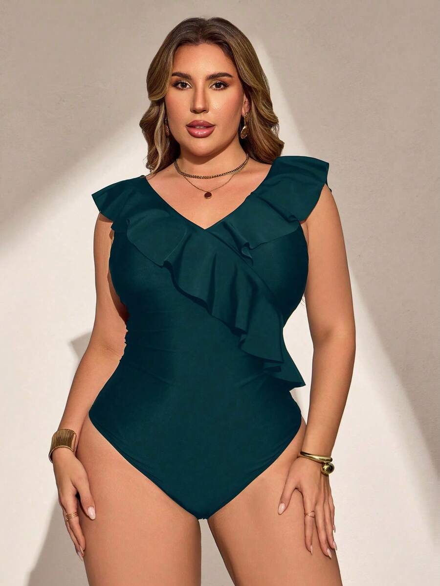 Swim Lushoire Plus Size Women Solid Color V-Neck Ruffle Trim One-Piece Swimsuit For Summer Beach Vacation - Olive Green - View 1