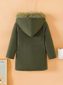 SHEIN Elladie kids 1件裝保暖內裡連帽夾克，附人造毛飾邊，適合冬季、上學通勤、戶外玩耍，女童冬外套，男童夾克，秋季 - 綠色 - 查看 2