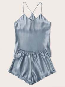 SilkySpell Satin Cami Top With Shorts PJ Set / Pajama Set - Dusty Blue - View 5