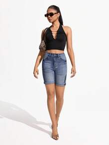 SHEIN Essnce Casual Washed High Waist Slim Fit Denim Shorts, Summer - Medium Wash - View 3