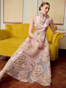 ZEYLAH Đầm midi jacquard thắt eo trang trí nơ thanh lịch cho nữ - Hồng - Xem 6