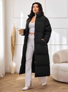 EURMUSE Women's Solid Color Stand Collar Long Warm Padded Coat, Winter Outwear, Plus Size - Black - View 3