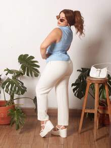 Lupita Cardoza Women's Solid Color Chinese Collar Cinched Waist Front Tie Detail Tank Top - Blue - View 2