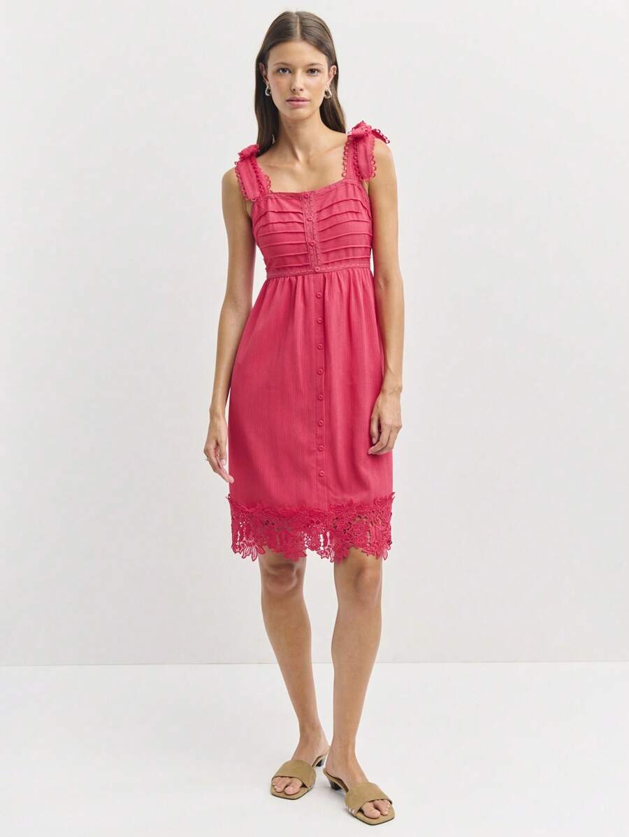 Nöista Vestido médio na cor rosa com detalhes em renda e botões na frente. Perfeito para um look de verão à noite, vestido de primavera, feriados, roupa de praia, férias de luxo, saída, casamento, festa, festival, feriado, verão. - Pink - Visão 1