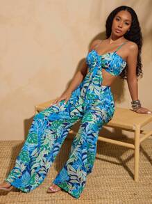 Vixey 热带植物印花休闲度假阔腿裤，热带风情，度假女士，夏季女士，夏季女士长裤，女士度假 - 彩色 - 查看 1