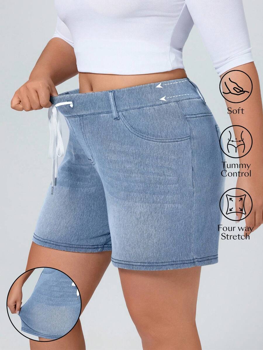 Flexra Shorts de mezclilla elástica de punto de tela suave de color azul claro casuales y de vacaciones para mujer de talla grande