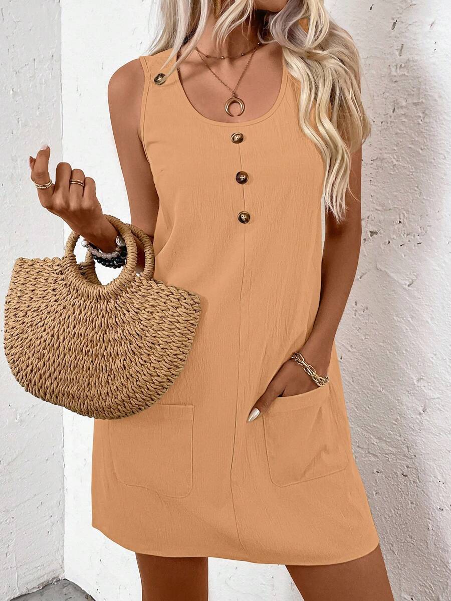 EMERY ROSE 女式夏季纽扣前口袋圆领无袖休闲连衣裙 - 橘色 - 查看 1