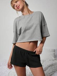 WESTFADE 可爱中腰系带纹理针织休闲短裤 - 黑色 - 查看 5