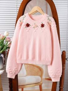 Sparklyn 女童乡村手工刺绣可爱圆领长袖针织毛衣上衣，秋冬 - 粉色 - 查看 1