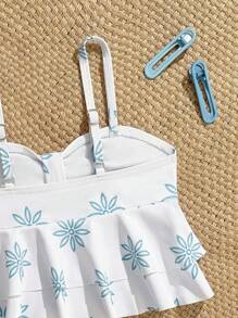 Young Girl Graphic Print Camisole Top And Triangle Bottoms Tankini Set