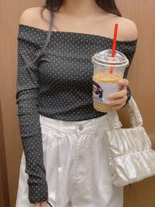 DAZY 女士休闲波尔卡圆点印花露肩长袖 T 恤，秋季女装 - 黑色 - 查看 3