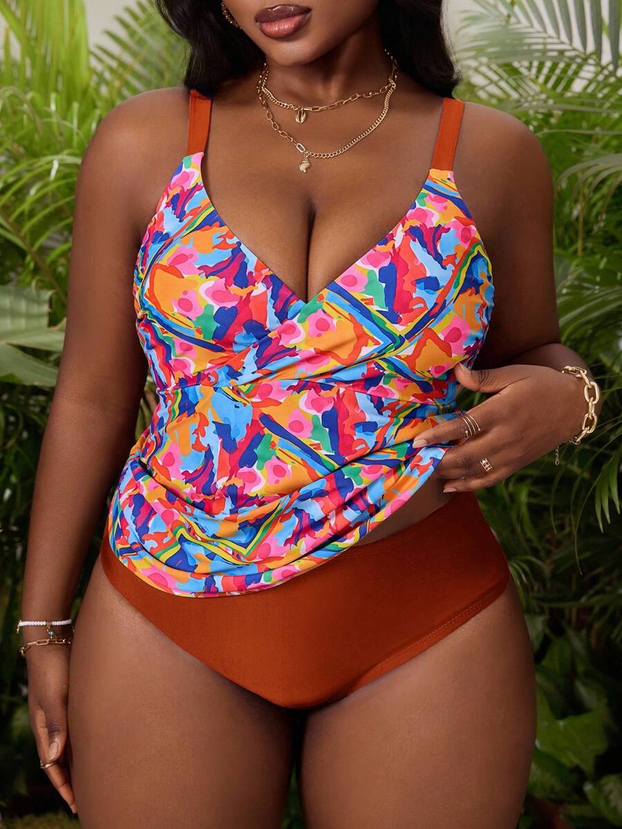Slaydiva Plus Size Women Summer Beach All-Over Print Spaghetti Strap Tankini Swimsuit Set - Multicolor - View 1