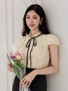 DAZY 女士优雅领结衬衫，夏季 - 杏色 - 查看 5