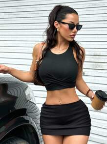 Dewbera Áo ba lỗ tập yoga thể thao ngoài trời thiết kế xoắn dành cho nữ - màu đen - Xem 2