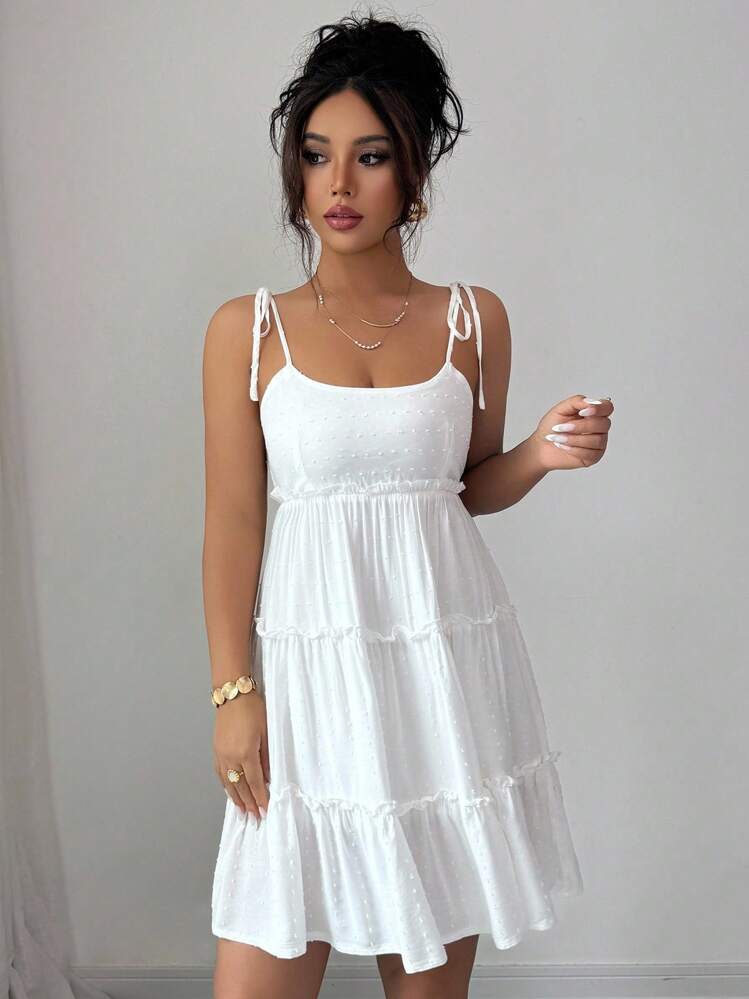 Elenzga Vestido de tirantes con volantes a lunares como atuendo de vacaciones y playa para mujeres - Blanco - Añade 5