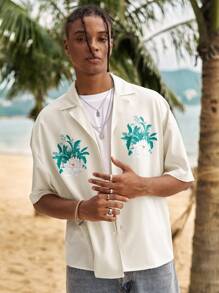 ROMWE MEN The White Lotus Men's Summer Casual Resort Style Lotus Flower Print Lapel Collar Short Sleeve Shirt - Apricot - View 5
