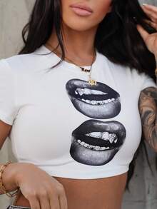 SAYEHFBABY Casual Simple Black Lip Print Round Neck Short Sleeve Cropped Tight Fit T-Shirt For Women, Summer Back To School Clothes - White - View 3