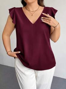 Firerie 大码优雅通勤女式 V 领花卉荷叶边短袖红色节日休闲衬衫，夏季教师衬衫 - 酒紅色 - 查看 6