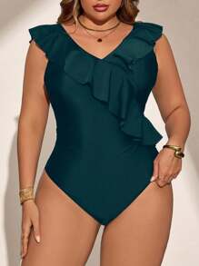 Swim Lushoire Plus Size Women Solid Color V-Neck Ruffle Trim One-Piece Swimsuit For Summer Beach Vacation - Olive Green - View 3