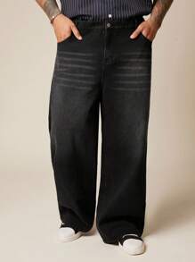 EASEVO 大码男式休闲街头风格贴袋宽松牛仔裤 - 黑色 - 查看 1