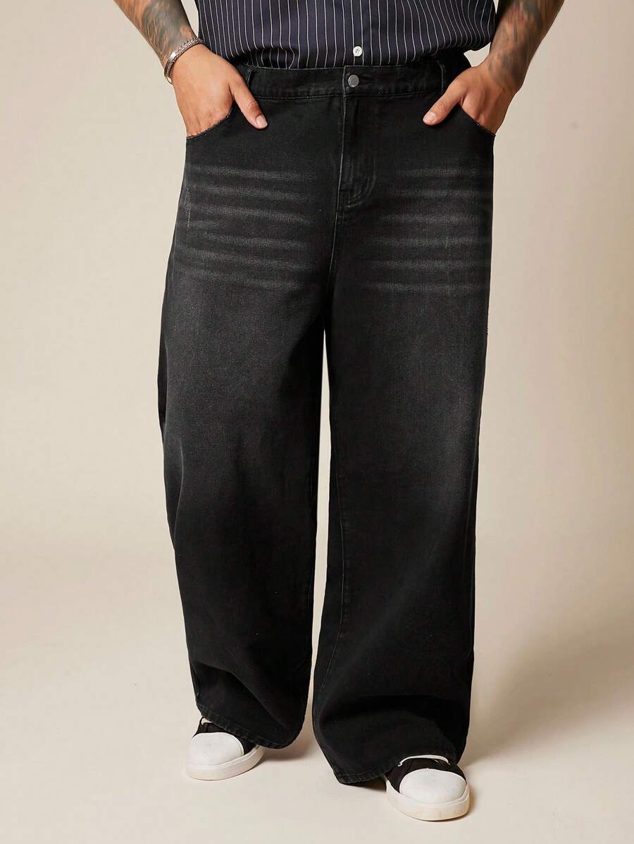 EASEVO 大码男式休闲街头风格贴袋宽松牛仔裤 - 黑色 - 查看 1