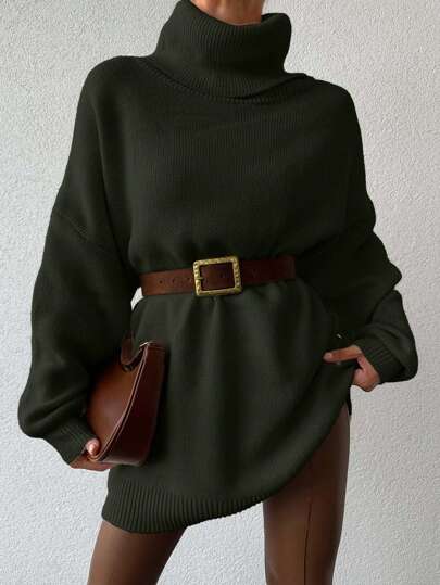 Women's Casual Solid Color High Neck Dropped Shoulder Oversized Sweater, Autumn/Winter,Jumper,Cream Jumper,Jumpers,Black Jumper,Womens Jumper,White Jumper,Women's Jumper,Women's Jumpers