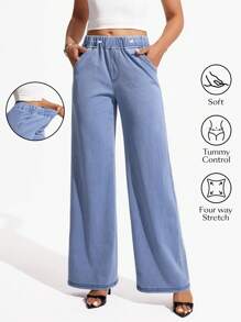 Flexra 女士松紧腰口袋阔腿宽松休闲牛仔裤 - 淺色水洗藍 - 查看 6