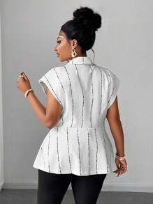 Maweii Plus Size Women Striped Distressed Lapel Waist Buckle Design Thin Blazer Jacket - White - View 6