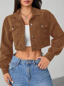 SHEIN PETITE Spring Drop Shoulder Flap Detail Crop Corduroy Jacket In Fall/Winter - Brown - View 5