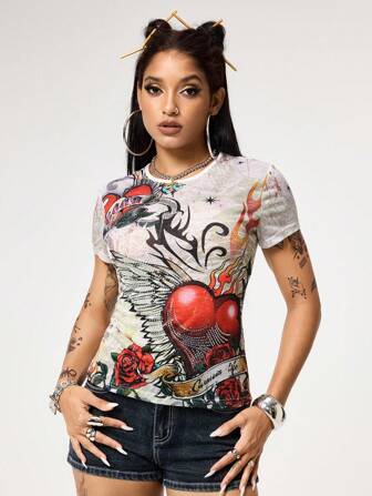 Grunge Punk Vintage Heart Wing Print Rhinestone Decorated Women Slim Fit Crew Neck T-Shirt