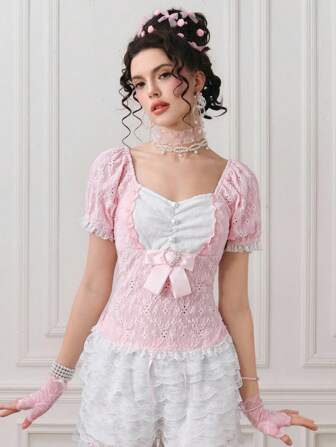 ROMWE EDITION Women's Cute Girl's Knitted Textured Printed T-Shirt With Lace Bow Trim
