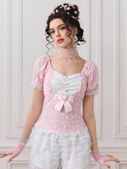 EDITION Women's Cute Girl's Knitted Textured Printed T-Shirt With Lace Bow Trim