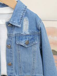 SHEIN Young Girl Long Sleeve Single Breasted Distressed Casual Denim Jacket, School, Campus, College Fall Winter