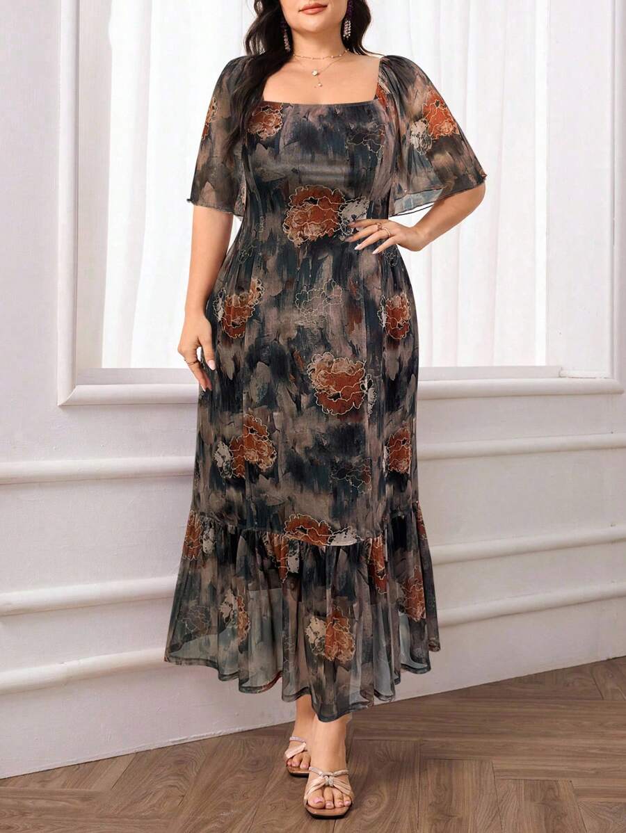 Modelyn 大码女式花卉印花方领荷叶边袖优雅中长连衣裙 - 棕色 - 查看 1