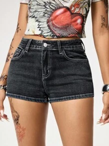 ROMWE Grunge Punk Shorts vaqueros casuales y versátiles con bolsillos para damas - Azul - Ver 7