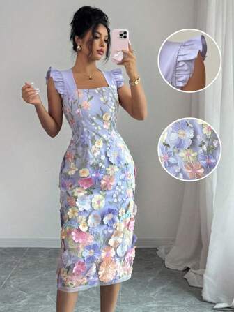 Rafferiza 女士优雅时尚派对宴会丝带带刺绣 3D 花朵收腰 A 字中长蕾丝连衣裙，春夏