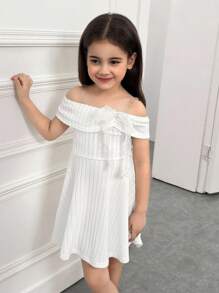 SHEIN Đầm chữ A dệt kim bo gấu, thắt eo, hở vai, thanh lịch, trang trí nơ cho bé gái - trắng - Xem 6