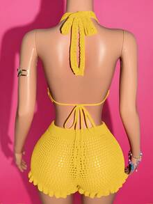 Slaydiva Women's Yellow 2 Pieces Set Crochet Knitted Halter Backless Tie-Up Top With Ruffle Hem Mini Shorts,Boho Summer Beach Vacation Holiday 2025 New Outfit - Yellow - View 2