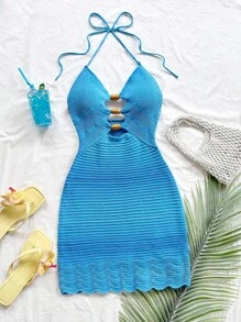 Soleia 女士渐变蓝色性感镂空木珠装饰细肩带针织连衣裙，适合节日/约会/下午茶、海滩/邮轮度假、城市旅行、音乐节、波西米亚风度假 - 藍色 - 查看 4