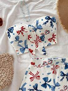 Soleia 2 件套女士蝴蝶印花抹胸上衣和短裤时尚套装，夏季 - 藍白色 - 查看 4