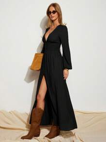 COSMINA Women's Elegant Brown High Slit Dress, Long Sleeve For Vacation, Four Seasons - Black - View 3