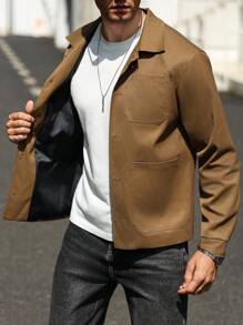 Manfinity Homme Men's Casual Solid Color Long Sleeve Single-Breasted Shacket With Multiple Pockets, Brown Jacket For Men, Men Shacket, Tan Jacket Men, Fall Men S Tops - Coffee Brown - View 5